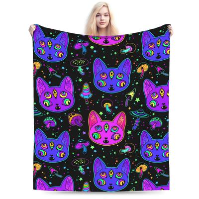 Psychedelic Cat Blankets Flannel Autumn/Winter Multifunction Super Soft Throw Blankets for Sofa Bedroom Bedding Throws