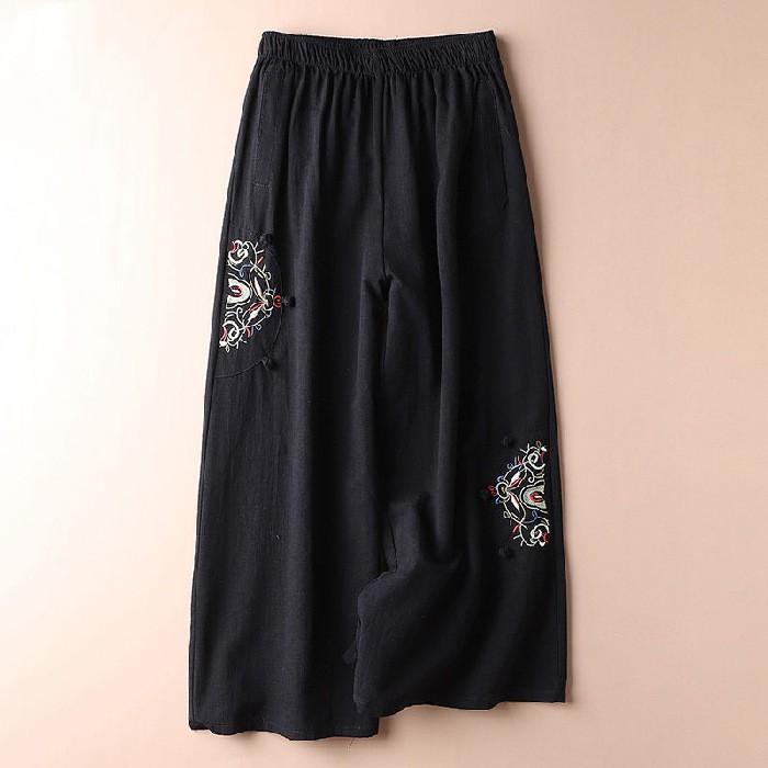 Women's Summer Thin Retro Ethnic Style Cotton and Linen Casual Pants Embroidered Comfortable Wide-legged Pants Nine Pants