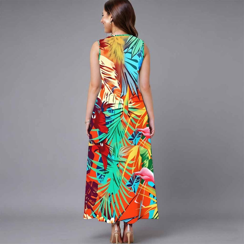 Plus Size Ladies Sleeveless Crew Neck Dress Exotic Tropical Leaves Flowy Calf Length Gown
