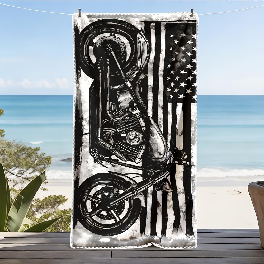 1pz Asciugamano da Spiaggia Bandiera Moto Stampa Bandiera Americana Design Tema Biker Asciugatura Rapida Morbido Microfibra Asciugamano da Bagno per Uomo Regalo Biker