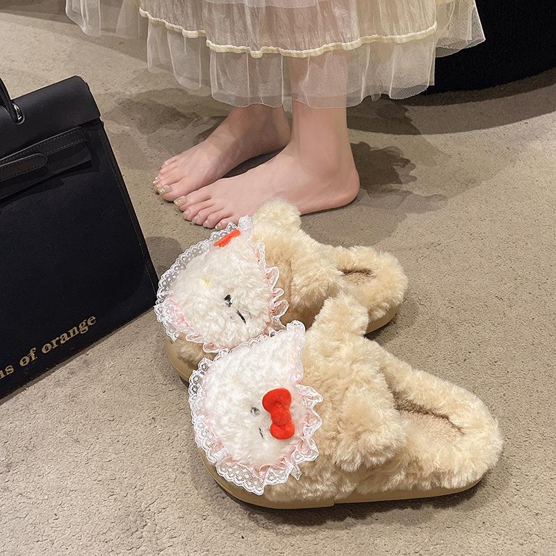 Cute Kitty Fluffy Slippers Women Wear Plush Bag Head Drag 2025 Autumn and Winter New Home Flat Cotton Slippers