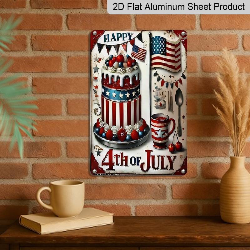 2D Flat 4th of July Aluminium Sign Vintage Independence Day Celebration Metal Sign Print Aesthetic Room Decoration for Home Bedroom Kitchen Bar