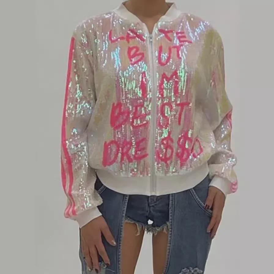 2024 Frühling Europäische und amerikanische Baseballjacke mit Pailletten und Farbverlauf