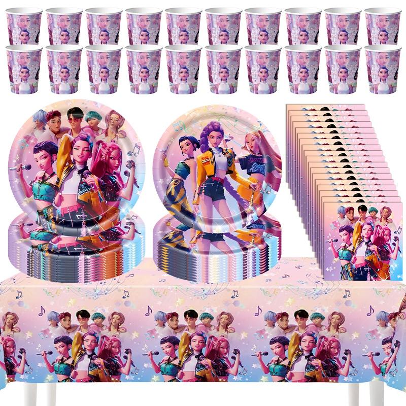 Decoración para Fiesta de Cumpleaños Kpop Vajilla Set Suministros para Fiesta de Cumpleaños Globos Topper para Pastel Bandera Colgante Vasos Decoración Fiesta K-pop