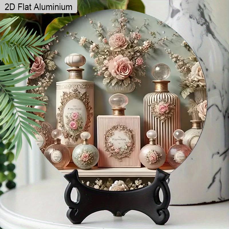 2D Flat 1pc Vintage Perfume Aluminum Sign Round Ornament - Embossed Floral Design Art, Home Office Bedroom Balcony Decor, Indoor/Outdoor Door Wall