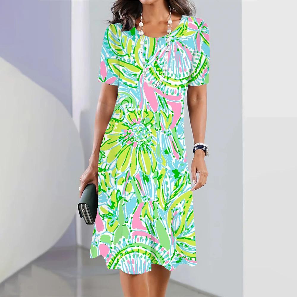 Women's Elegant Long Dress Summer Floral Print Short Sleeve O-Neck Long Sundress Harajuku Female Vintage Beach Maxi Dresses