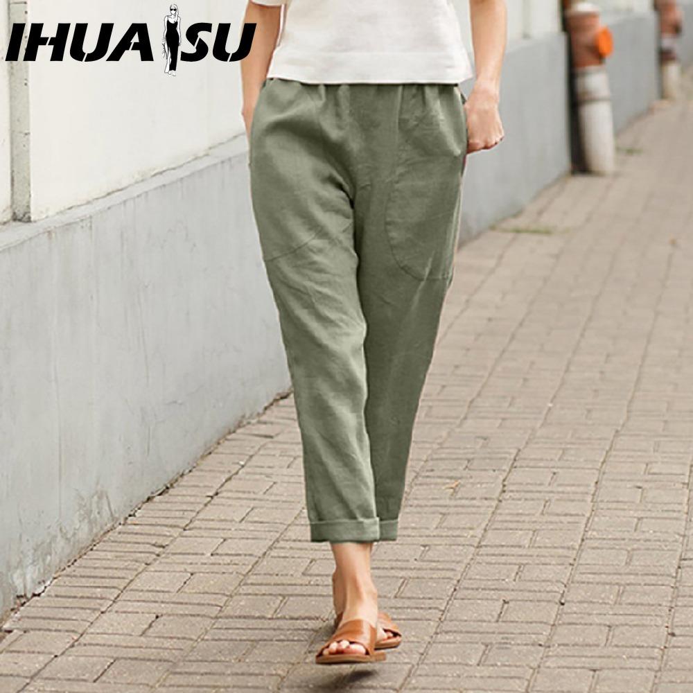

IHUASU Women Summer Solid Color Double Pocket Trousers Loose Long Pants Female Cotton Linen Pants XXL армия зеленый