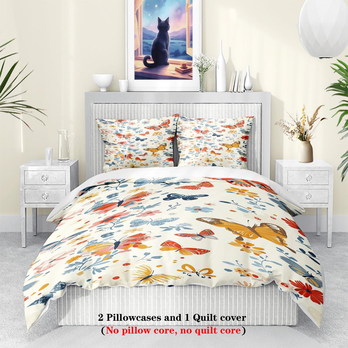 

3pcs Watercolor Butterfly and Flowers pattern printed duvet cover set, queen, king, double bed, for bedroom, guestroom, hotel 135x200cm-EU-Single