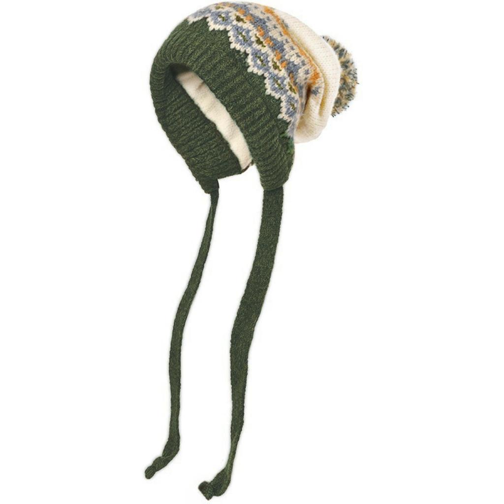 Women's Fair Isle Pullover Cap with Ear Flaps, Plush Pom-pom, Fleece , Thickened and Warm Wool Hat