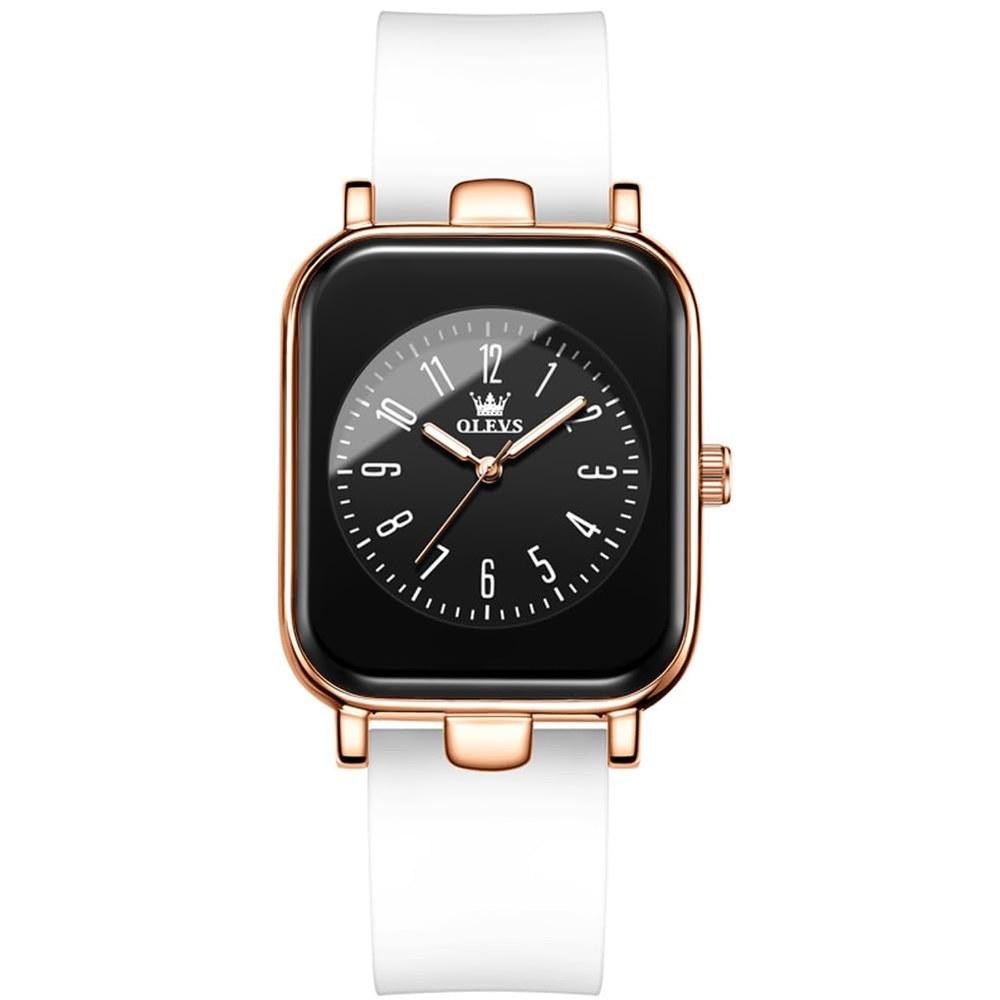 OLEVS Women's Waterproof Wristwatch Quartz Movement White Silicone Band Rose Gold Case Black Dial Luminous Function