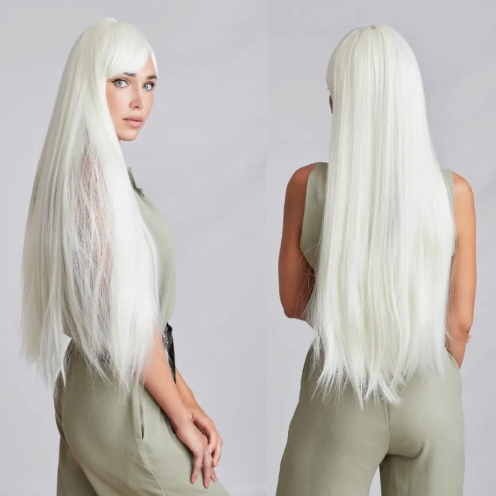 Long white wig 100 cm cosplay anime manga hair straight bangs cap