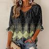 Women's Vintage Floral Print Ruffle Three-Quarter Sleeve Blouse with Round Neck and Tie Front