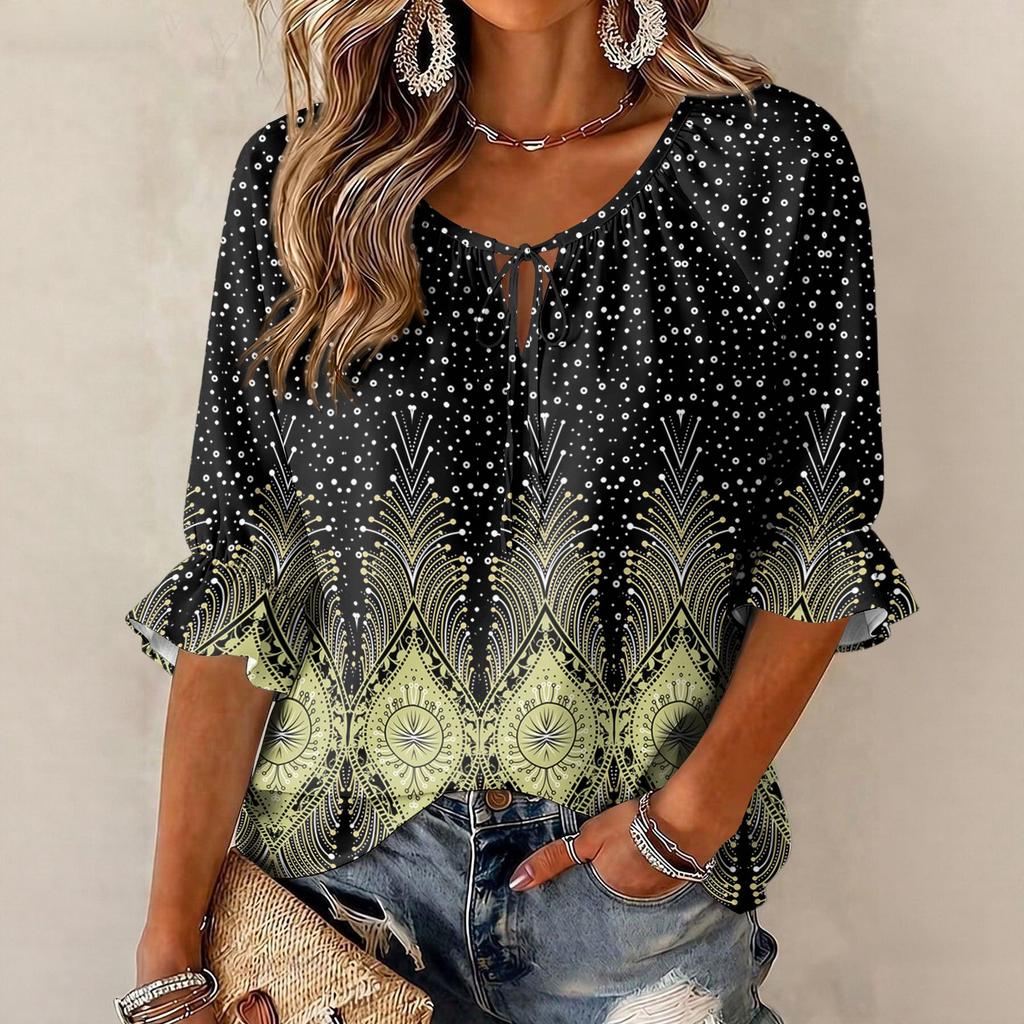 Women's Vintage Floral Print Ruffle Three-Quarter Sleeve Blouse with Round Neck and Tie Front