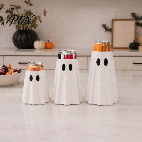 Holiday Table Decoration Halloween Ghost Can Holder, Spooky Figurine Drink Reusable Flexible Holder Cooler Sleeve, for Party Slim Standard And