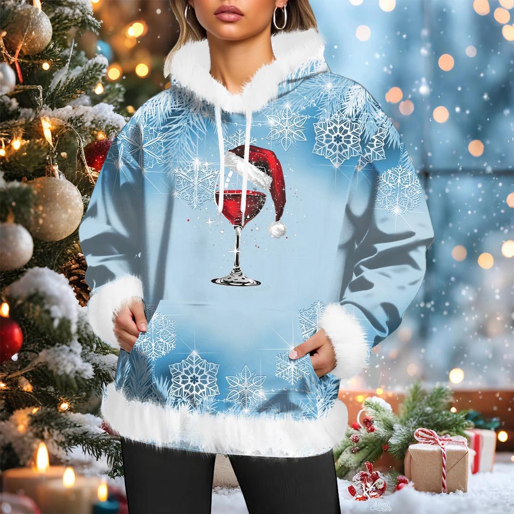 Dámská vánoční ležérní mikina s kapucí podšitá fleecem, s dlouhým rukávem a kapsami