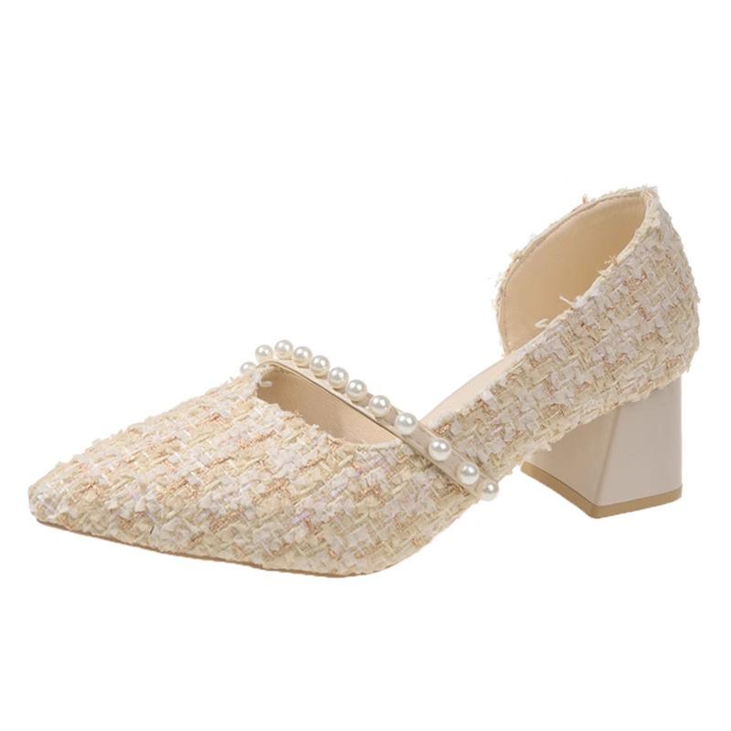 Pointed single shoes women's thick heel spring 2025 new pearl versatile shallow mouth gentle fairy wind side empty high heels