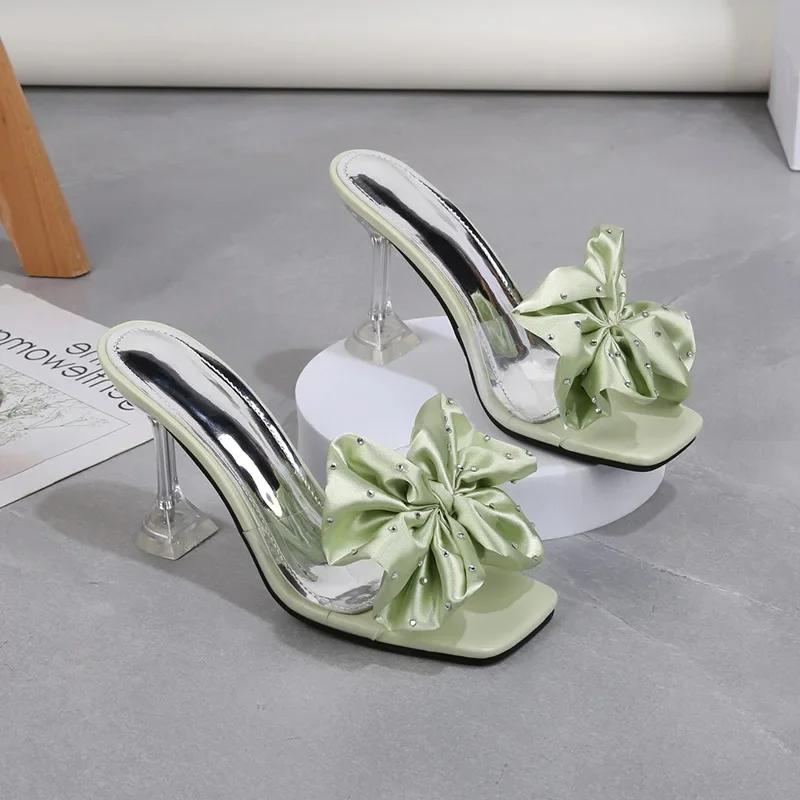 Fashion 2025 Fashion Crystal Bow High Heels Slippers Shoes for Woman Sexy PVC Transparent Sandals Women Slides Open Toe Pumps Blue Black