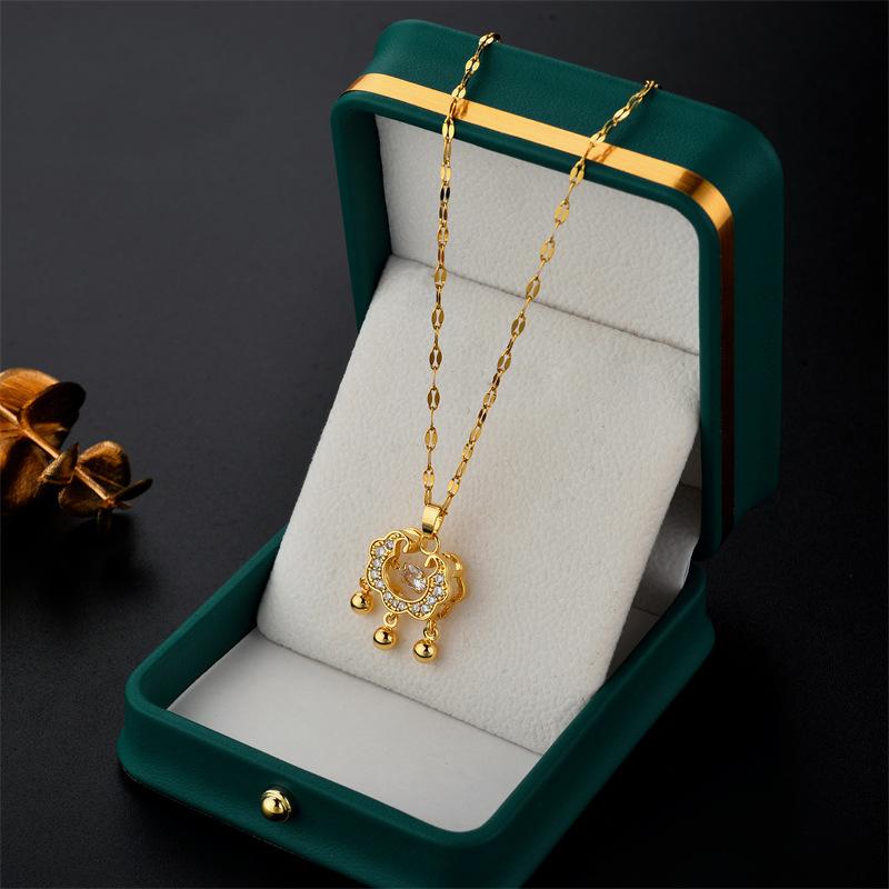 Elegant Longevity Lock Bell Amulet Titanium Steel Necklace for Women, Gold-Plated, Anti-Fade Clavicle Chain, Bestseller