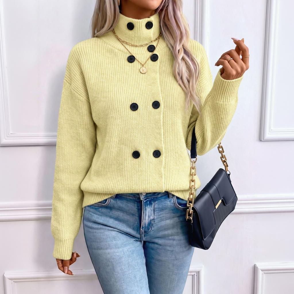 Women's Turtleneck Double Breasted Knit Cardigan Sweater Color Relaxed Fit for Fall and Winter
