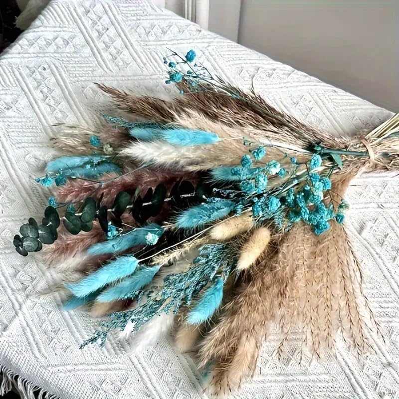 1 Bunches Blue Dried Flowers - 17" Boho Style Artificial Pampas Grass Ideal for Home Decor, Wedding Decor, Bridal Bouquets, Floral Arrangement