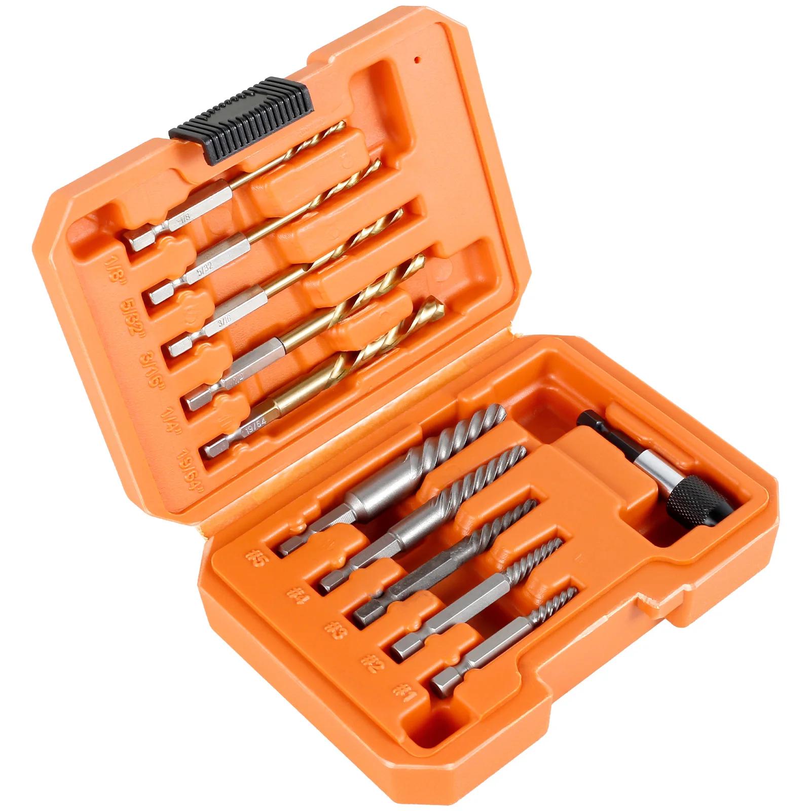 

11Pcs Screw Extractor Kit Carbon Steel Hex Bolt Extractor Tool Center Drill Bits Guide Set Damaged Screws Remover Tools Easy Out