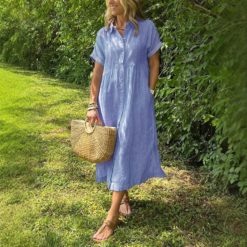 

Women s Striped Shirt Dress, Casual Long Sleeve Button Down Dress, Blue and White Vertical Stripe, Summer Loose Fit Dress 5XL темно-синього кольору