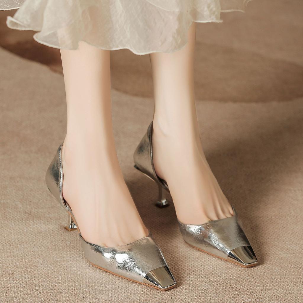 H596-2 Silver Bag Head Sandals Small Square Head Iron Head Hollow Summer Sandals Women's Fine Heel Sheepskin Pad Commuter Wind