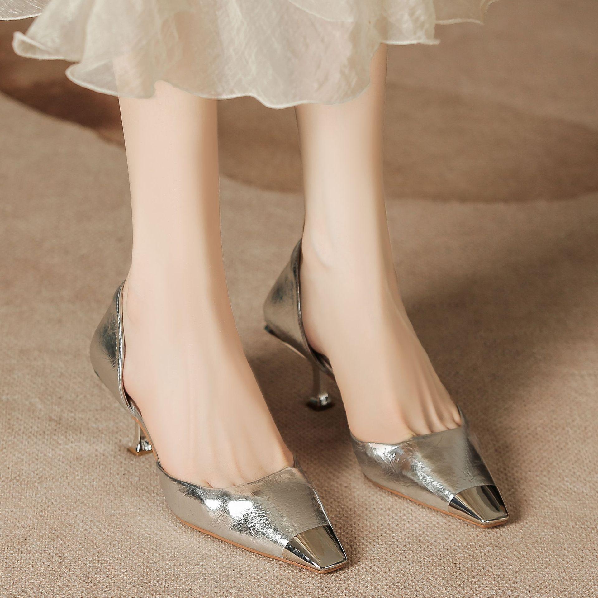 

H596-2 серебристые босоножки с квадратной головкой и железной головкой, летние женские босоножки с тонким каблуком и овчиной, для езды на работу ветром 39