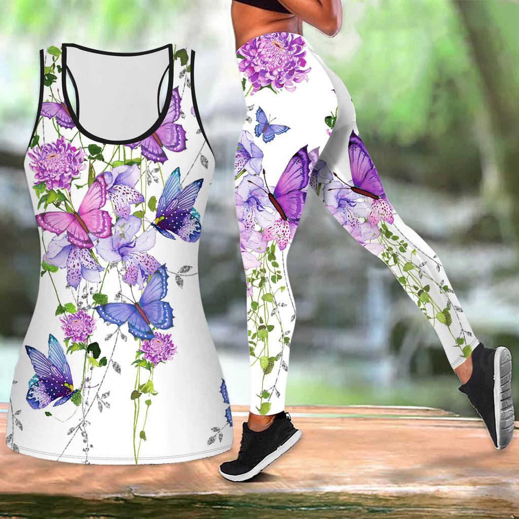Spring Butterfly Print Yoga Outfit for Women Fashion Workout Leggings Fitness Sports Casual Yoga Set Sports Suit