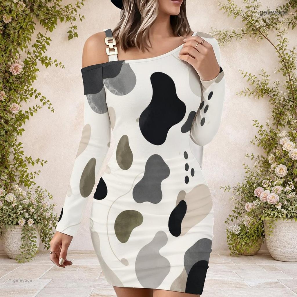 Women Plus Size Abstract Printed One Shoulder Long Sleeve Bodycon Mini Dress