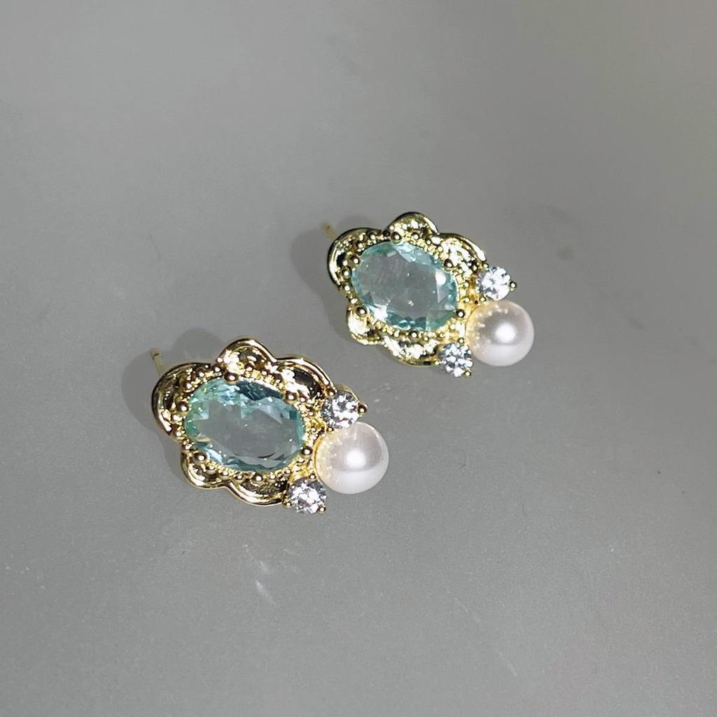 Elegant French Retro Blue Zircon Pearl Stud Earrings for Women