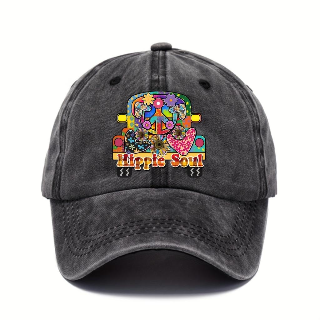 Hippie Soul VW Van Peace Sign Baseball Cap Vintage Distressed Cotton Casual Outdoor Hat