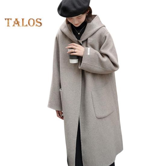Women Winter Overcoat Hooded Pockets Pure Color Open Stitch Cardigan Mid Length Coat Thermal Long Sleeves Commuting Dating Winter Coat