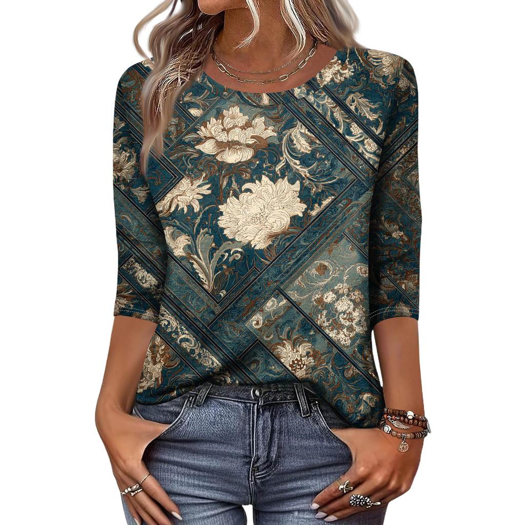 Trendy Vintage 3/4 Sleeve Top For Women,Ladies Casual Three Quarter Sleeve Round Collar Printed T-Shirt Blouse