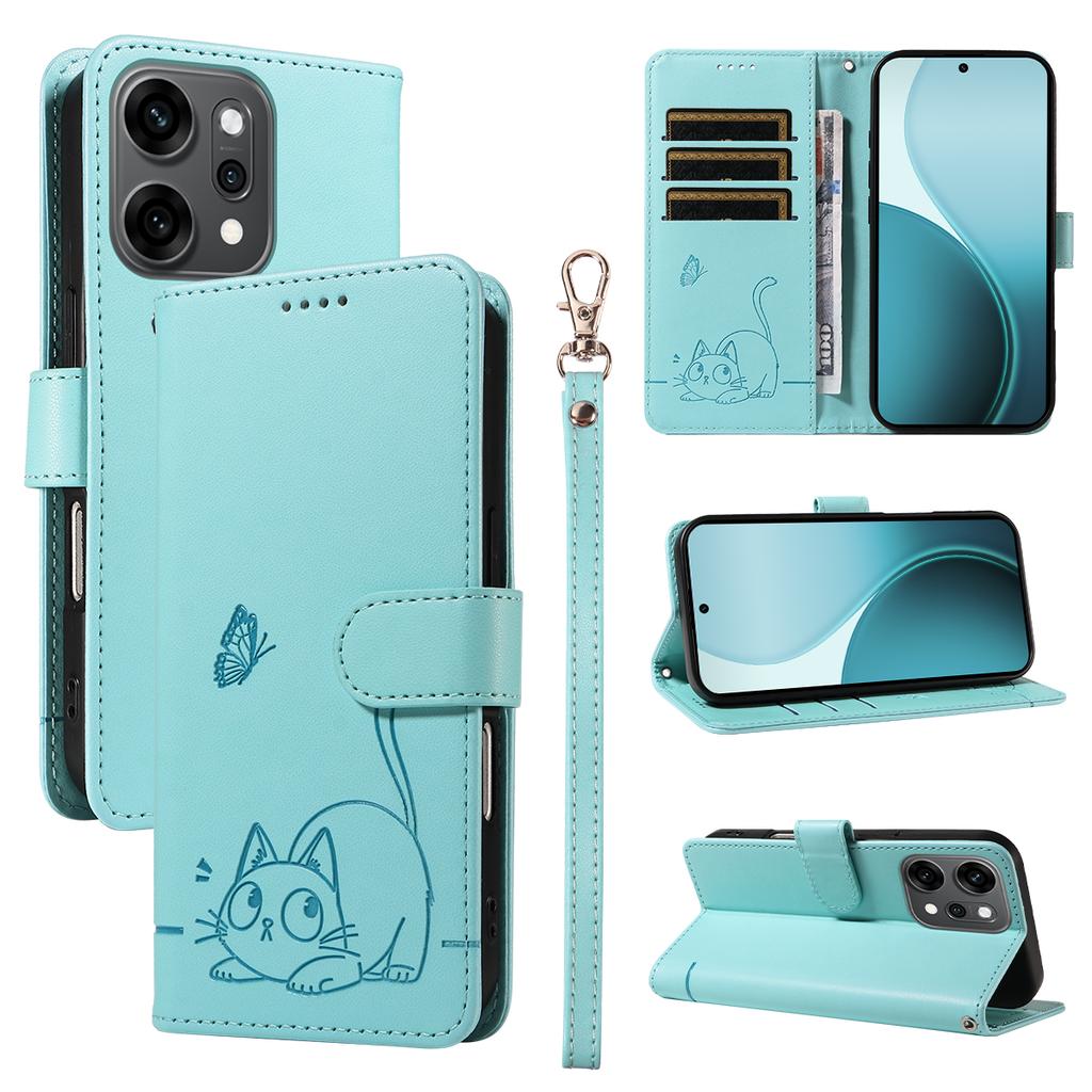 For Oppo Reno14 Pro 5G (China)/Oppo Reno14 Pro 5G (Global) Case Cat Pattern Imprint Leather Phone Cover with Wrist Strap