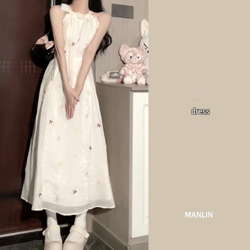 

Высококлассное французское миди-платье с халтером для миниатюрных женщин - Деталь с бантом и приталенный дизайн, Идеально для отпуска на море S Recommended for 89-97 jin