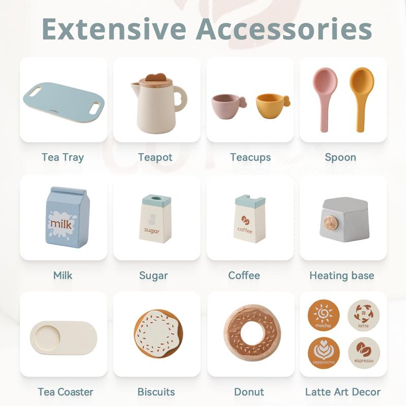 Montessori Wooden Coffee Afternoon Tea Set Toy Kid Simulation Kitchen BPA Free Silicone Teapot Teacup Early Educational Toy Gift