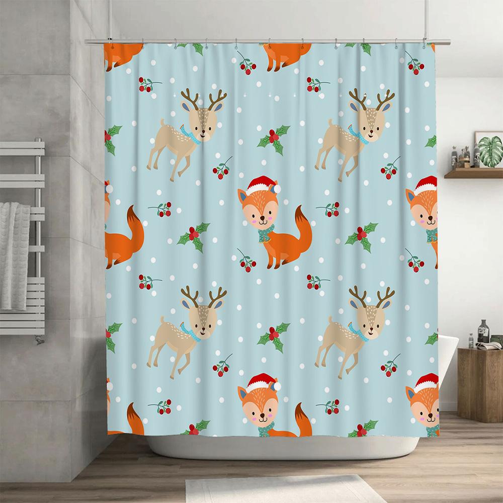 christmas shower curtain bathroom decor winter pattern deer fox santa hat waterproof washable custom made jacquard fabric cloth