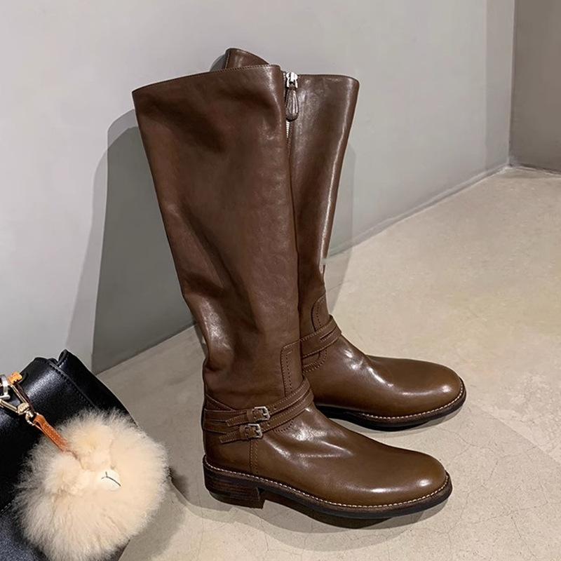 

Cowhide~ Grape Mom same retro boots women s double buckle belt but knee boots side zipper thick heel knight boots 40