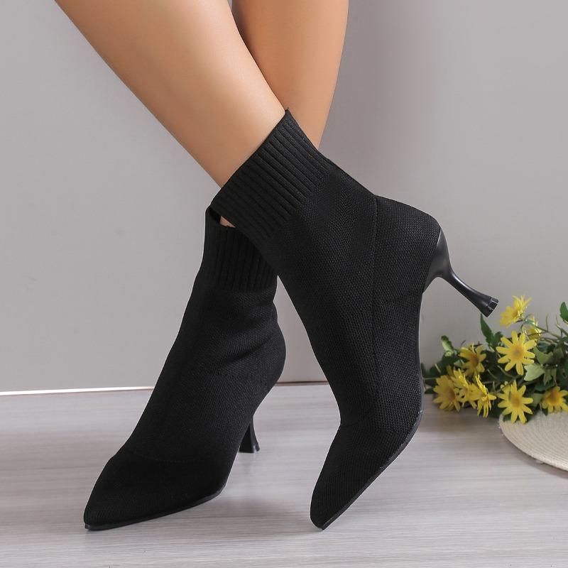 Botas de salto alto Stiletto Ankle Boots para mulheres - Sapatos confortáveis e respiráveis sem cadarço com cabedal de tecido, sola de borracha e bico fino