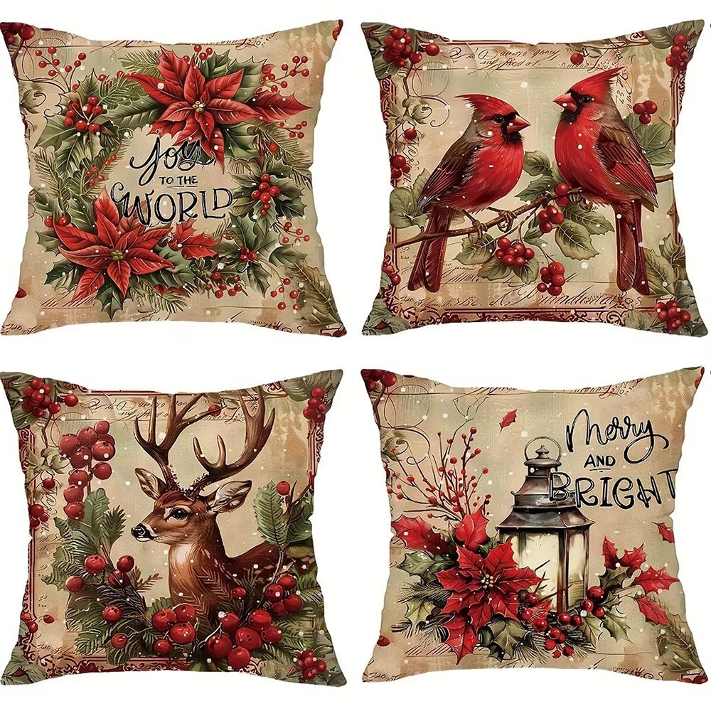 Christmas Decorative Pillow Case Vintage Red Xmas Deer Bishop Wreath Print Sofa Cushion Cover Home Decor