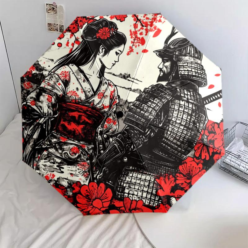 Beauty and Samurai  Pattern, Automatic Folding Umbrella, Portable and Foldable Design, 8 Ribs, a Christmas or Birthday Gift.