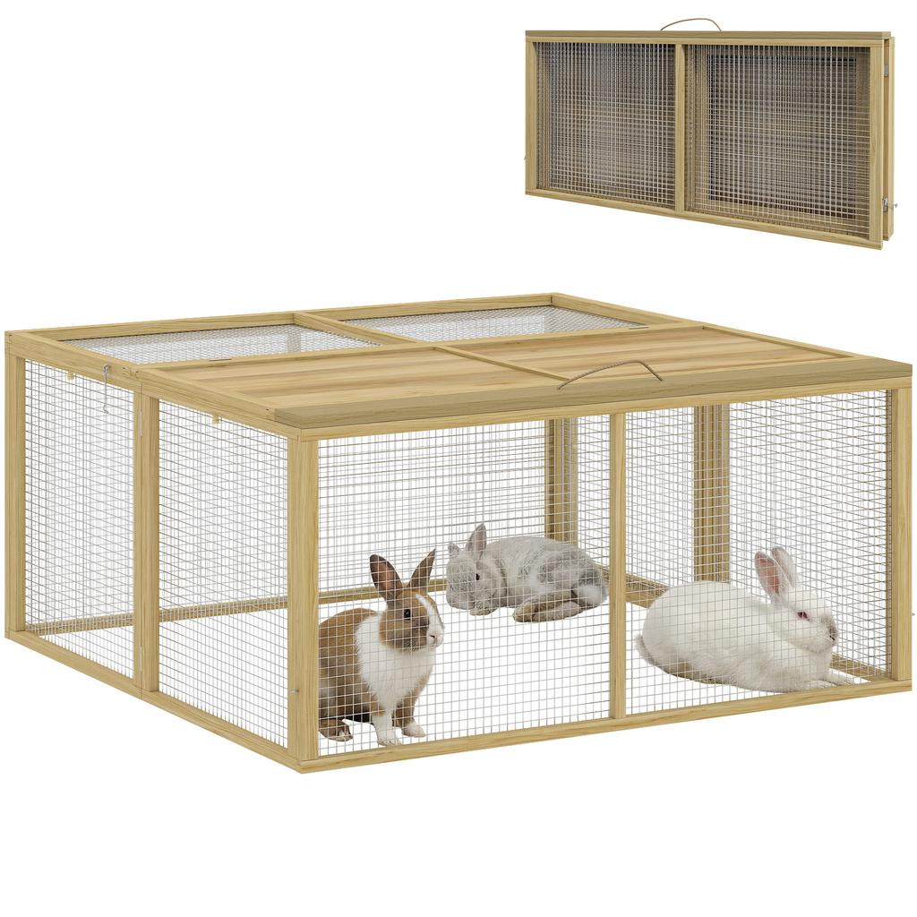 Small Animal Cage, Rabbit Hutch, Hinged Roof, Fir Wood, 120x120x57cm, Natural