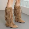 Boots Women Mid Calf With Heel Women'S Winter Chunky Heel Fringe Boots Inside Booster Mid Faux Leather Western Boots