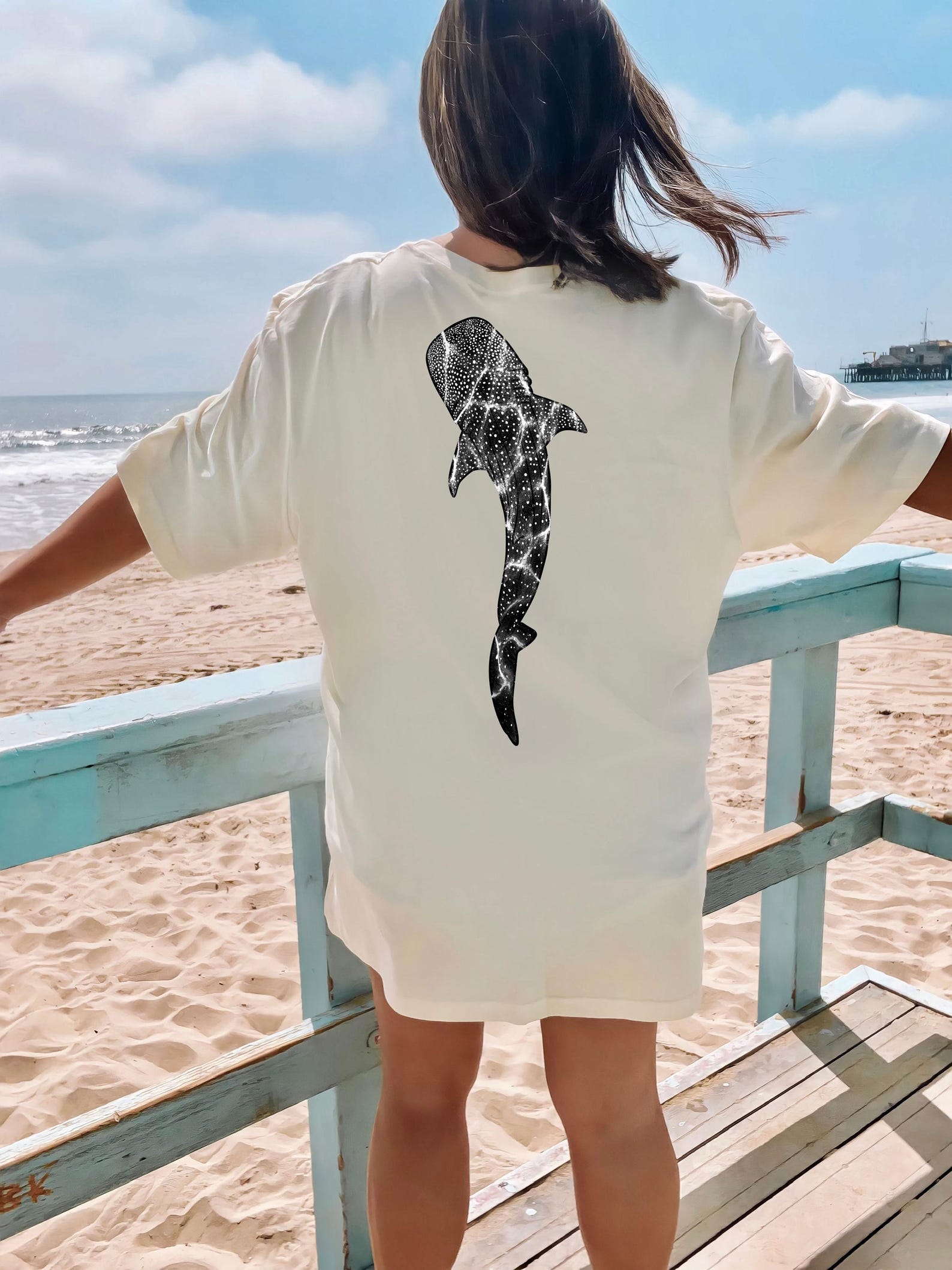 Oversized Whale Shark Graphic T-Shirt, Minimal Ocean Tee L