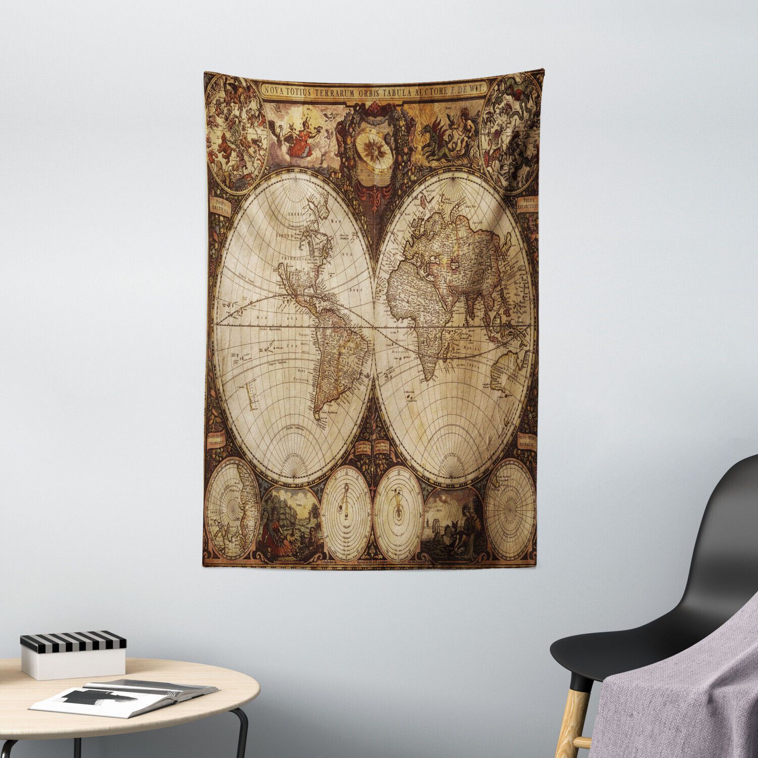 Tapestry world map historical old atlas 75x100
