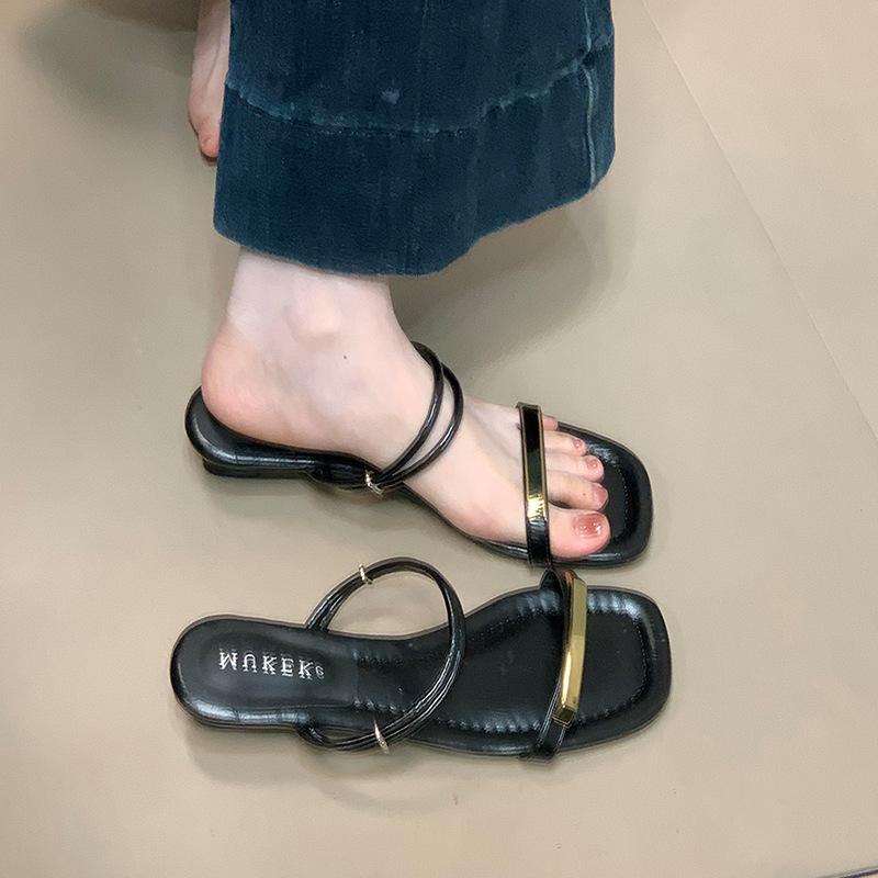 MUKEKe Korean version solid color one-word drag 2025 summer new summer low heel two wear one-word sandals