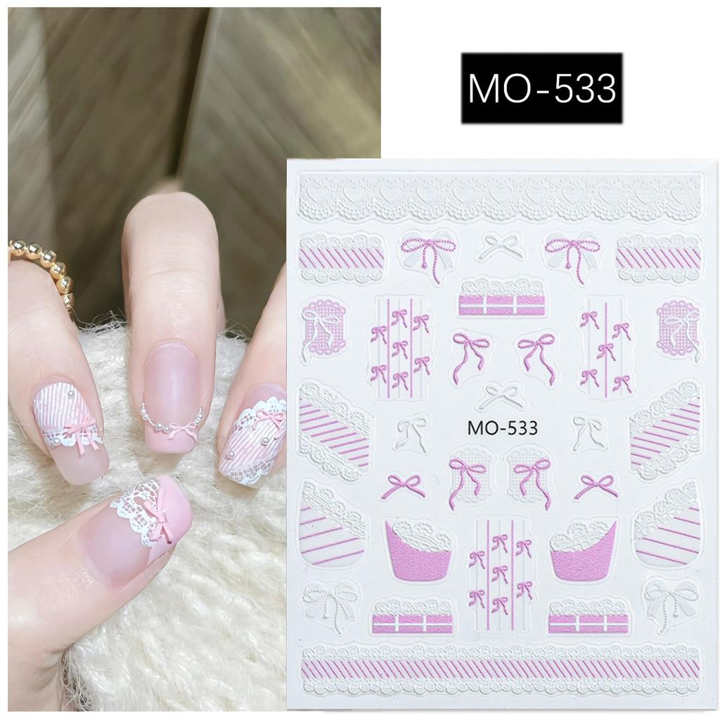 1Sheet Bowknot Lace Ribbon Nail Art Stickers Korean Sweet Style 3D Relief Art Decoration Self Adhesive Nails Decals