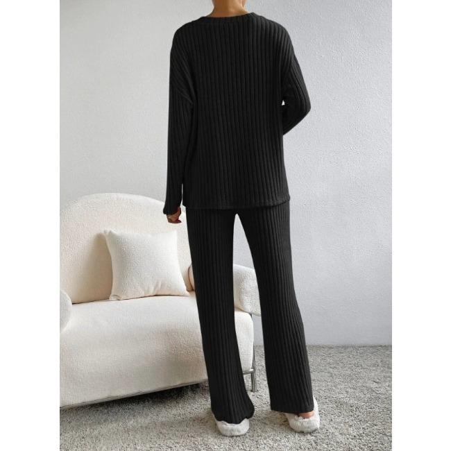 Spring Women Outfit Loose Knit Two Piece Set V Neck Top with Wide Leg Pants Casual Wear