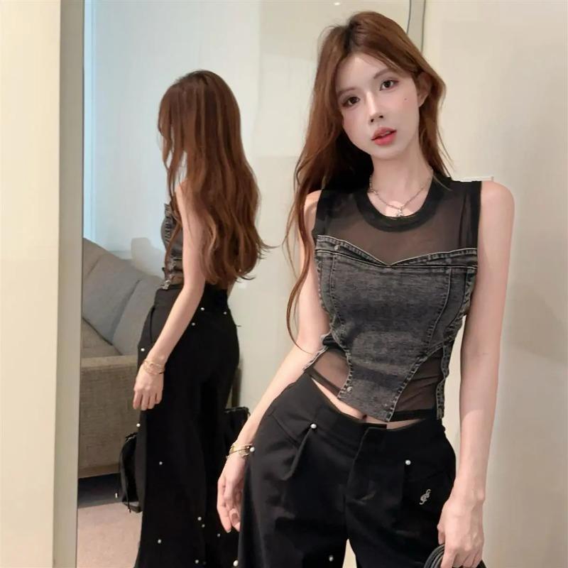 Plus Size Women's Sweet Cool Hot Girl Mesh Stitching Denim Vest Fashionable Chic Temperament Sleeveless Top